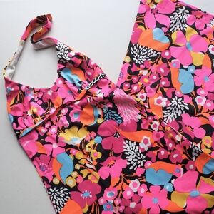 60s Vintage Dayglo Empire Waist Halter Maxi Dress Jantzen Juniors XXS Petite USA